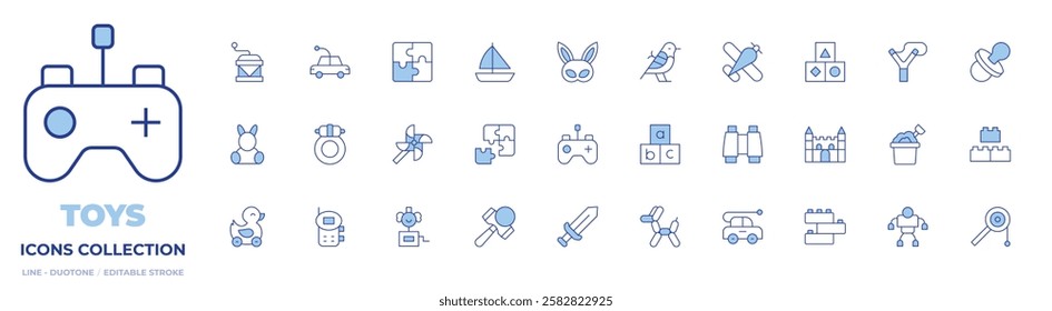 Toys icons collection. Line Duotone style, editable stroke. puzzle, abc, rabbit, surprise box, sword, walkie talkie, balloon dog, toy windmill, duck, remote control, kindama, ring.