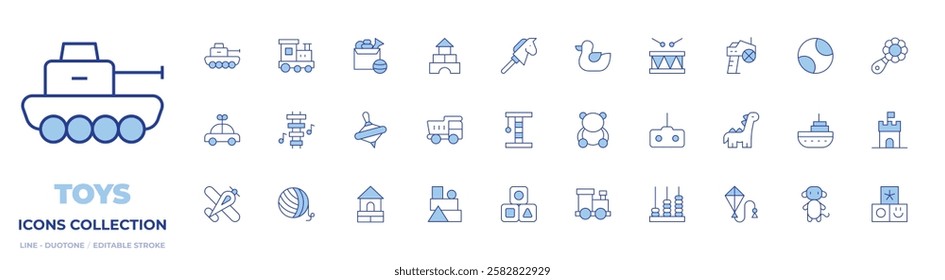 Toys icons collection. Line Duotone style, editable stroke. car, blocks, truck, toy train, plane, bear, yarn ball, xylophone, wood house, yule, scratching post.