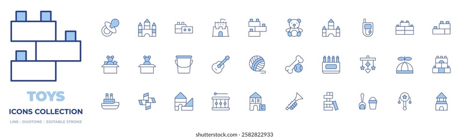 Toys icons collection. Line Duotone style, editable stroke. boat, guitar, bone, drum, trumpet, pinwheel, jenga, blocks, bucket, toy, crib toy, pail, wool ball, pencil.