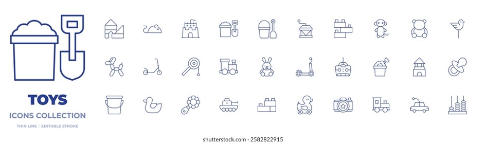 Toys icons collection. Thin Line icons, editable stroke. beach, bunny, kick scooter, music box, balloon dog, blocks, mouse, sand bucket, sand castle, toy, toy train.