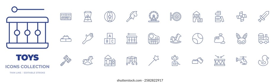 Toys icons collection. Thin Line icons, editable stroke. ball, blocks, bricks, drum, hamster wheel, horse, piano, rocking horse, toy store, lego, spanking, toy machine.