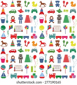 Toys icons. Colorful seamless pattern.