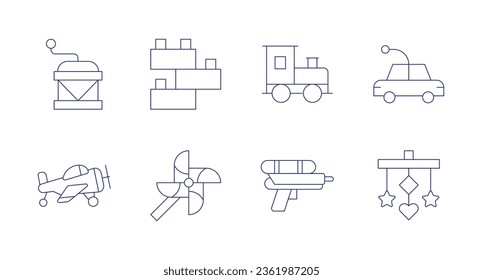 Toys icons. editable stroke. Containing car, crib toy, music box, plane, toy blocks, toy train, toy windmill, water gun.