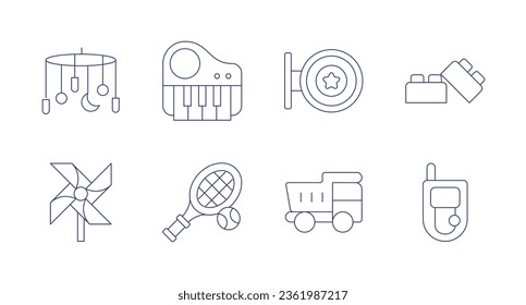 Toys icons. editable stroke. Containing bricks, cell phone, mobile, piano, pinwheel, racket, toy store, truck.