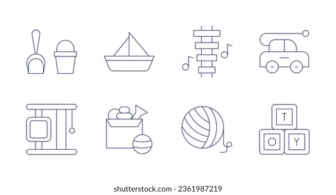 Toys icons. editable stroke. Containing car, cubes, pail, playground, toy boat, toys, xylophone, yarn ball.