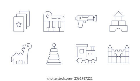 Toys icons. editable stroke. Containing brick, cards, castle, dinosaur, piano, pyramid, toy gun, train.