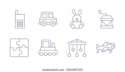 Toys icons. editable stroke. Containing phone, puzzle, toy car, train, music box, plane, bunny, crib toy.