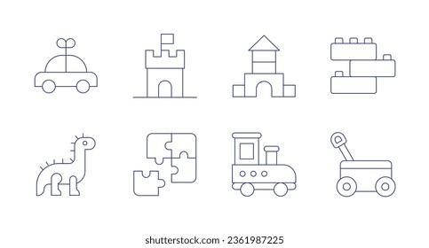 Toys icons. editable stroke. Containing brick, car, cart, dinosaur, photo camera, puzzle, toy castle, train toy.