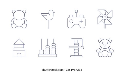 Toys icons. editable stroke. Containing bear, blocks, figurine, kid, remote control, scratcher, teddy bear, windmill.