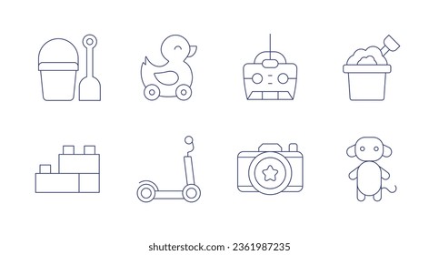 Toys icons. editable stroke. Containing beach, blocks, duck, kick scooter, remote control, sand bucket, sand castle, teddy bear.