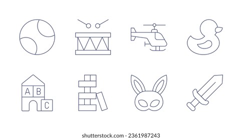 Toys icons. editable stroke. Containing ball, blocks, drum, helicopter, jenga, mask, rubber duck, sword.