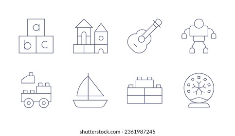 Spielzeugsymbole. bearbeitbarer Strich. Ball, Block, Blöcke, Boot, Gitarre, Lego, Roboter, Schneeball.