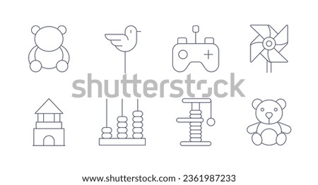 Toys icons. editable stroke. Containing bear, blocks, figurine, kid, remote control, scratcher, teddy bear, windmill.