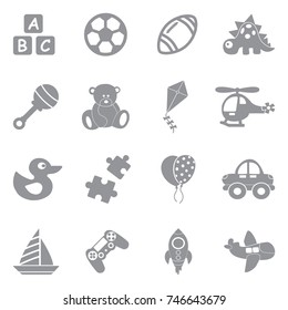 Toys Icons. Gray Flat Design. Vector Illustration. 