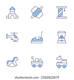 Toys icons set. Line Duotone style, editable stroke. toy castle, cart, blocks, rocking horse, toy machine, dough, cat toy, helicopter, car.