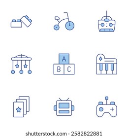 Toys icons set. Line Duotone style, editable stroke. robot mask, cards, piano, bricks, crib toy, remote control, bicycle.