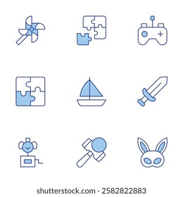 Toys icons set. Line Duotone style, editable stroke. puzzle, boat, surprise box, sword, mask, toy windmill, remote control, kindama.