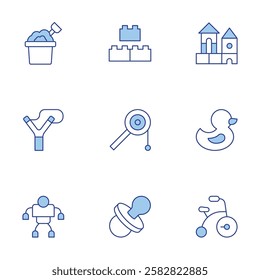 Toys icons set. Line Duotone style, editable stroke. slingshot, robot, block, babies, rubber duck, toy, sand bucket, bike.