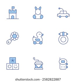 Toys icons set. Line Duotone style, editable stroke. photo camera, rabbit, walkie talkie, rattle, music box, duck, car, toys, ring.