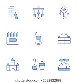 Toys icons set. Line Duotone style, editable stroke. lego, jenga, cell phone, rattle drum, toy blocks, crib toy, pail, pencil, propeller.