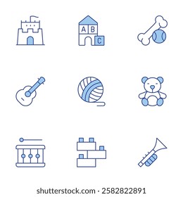 Toys icons set. Line Duotone style, editable stroke. guitar, bone, drum, trumpet, blocks, sand castle, toy blocks, teddy bear, wool ball.