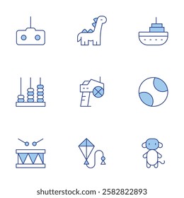 Toys icons set. Line Duotone style, editable stroke. game controller, dinosaur, transmitter, ball, drum, teddy bear, kid, kite, boat.