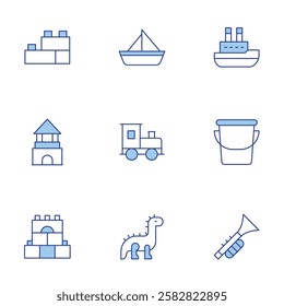 Toys icons set. Line Duotone style, editable stroke. dinosaur, construction, toy train, blocks, toy boat, trumpet, boat, bucket.