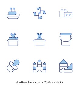 Toys icons set. Line Duotone style, editable stroke. boat, pinwheel, bucket, blocks, pacifier, toy, toy blocks.