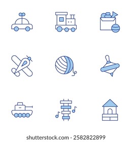 Toys icons set. Line Duotone style, editable stroke. car, train, tank, plane, yarn ball, xylophone, toys, wood house, yule.