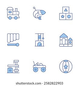 Toys icons set. Line Duotone style, editable stroke. blocks, ball, toy train, scratcher, fish, scratching post, xylophone, car toy.