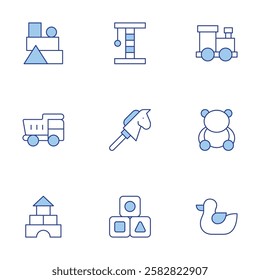 Toys icons set. Line Duotone style, editable stroke. blocks, brick, truck, horse, toy train, duck, bear, scratching post.