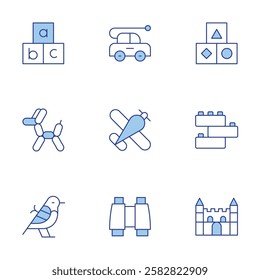 Toys icons set. Line Duotone style, editable stroke. bird, abc, brick, castle, balloon dog, plane, car, cubes, binoculars.