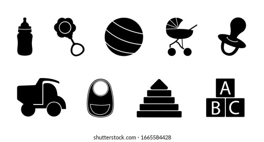 Toys Icons Set on White Background. Baby toys, feeding and care icons set. Line style.