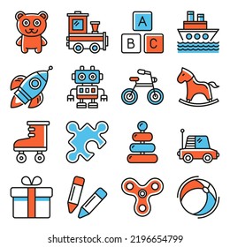 Toys Icons Set on White Background. Line Style Vector