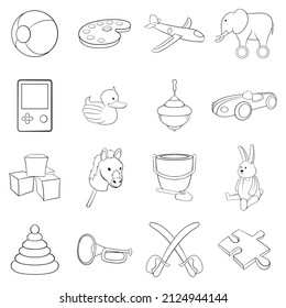 Toys icons set in outline style isolated on white background
