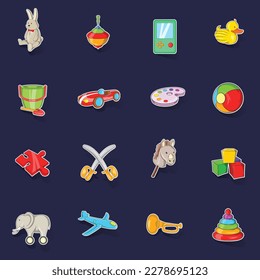 Toys icons set stikers collection vector with shadow on purple background
