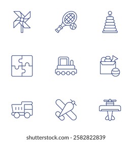 Toys icons set. Thin Line style, editable stroke. puzzle, train, pinwheel, racket, truck, toys, plane, pyramid.