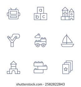 Toys icons set. Thin Line style, editable stroke. robot mask, slingshot, toy castle, abc, block, blocks, boat, brick, cards.