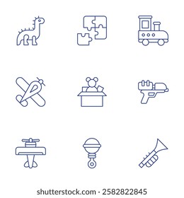 Toys icons set. Thin Line style, editable stroke. dinosaur, puzzle, train toy, plane, toy, water gun, rattle, trumpet.