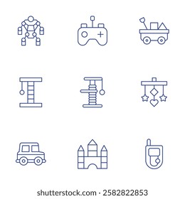 Toys icons set. Thin Line style, editable stroke. cart, robot, scratching post, toy car, remote control, scratcher, toy blocks, crib toy, cell phone.