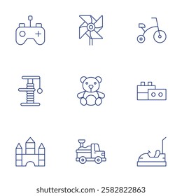 Toys icons set. Thin Line style, editable stroke. bicycle, blocks, car, remote control, scratcher, teddy bear, toy blocks, toy truck, windmill.
