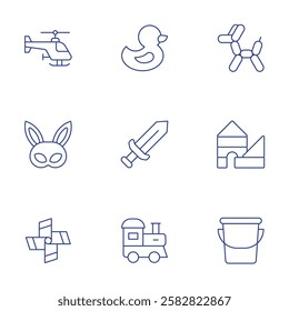 Toys icons set. Thin Line style, editable stroke. balloon dog, blocks, bucket, helicopter, mask, pinwheel, rubber duck, sword, toy train.