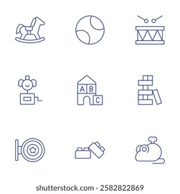 Toys icons set. Thin Line style, editable stroke. ball, blocks, bricks, drum, jenga, mouse toy, rocking horse, surprise box, toy store.