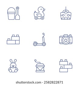 Toys icons set. Thin Line style, editable stroke. beach, blocks, bunny, duck, kick scooter, music box, remote control, sand castle, toy blocks.