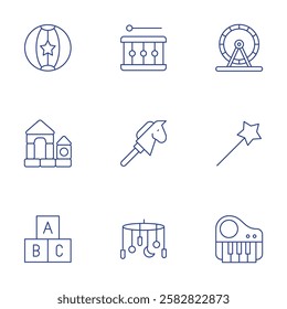 Toys icons set. Thin Line style, editable stroke. ball, blocks, bricks, drum, hamster wheel, horse, magic wand, mobile, piano.