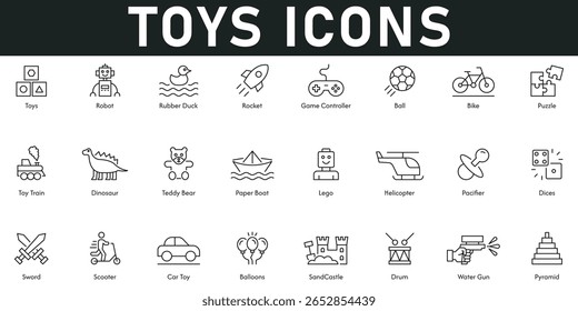 Toys Icons vector illustration with thin line editable stroke containing dinosaur toy train helicopter dices drum sandcastle scooter puzzle ball rocket teddy bear pacifier car toy pyramid