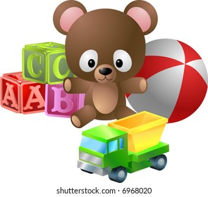 Toys illustration. An illustration of classic children’s toys; bear, alphabet blocks, ball and toy dumper truck