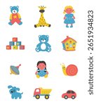Toys isolated on White Background. Cars, Teddy Bears, Dolls, Snail, House, Dog, Giraffe, Cubes, other items.. Toys for Little Children. Vector illustration