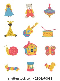 Toys isolated on a white background. There is a doll, a teddy bear, a house, a spindle top, a giraf, a guitar, a drum and other things in the picture. Toys for little children.Vector illustration