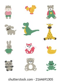 Toys isolated on a white background. There are animal toys in the picture: a hippopotamus, a teddy bear, a giraffe, a dinosaur, a dog, a hare etc. Toys for little children. Vector illustration